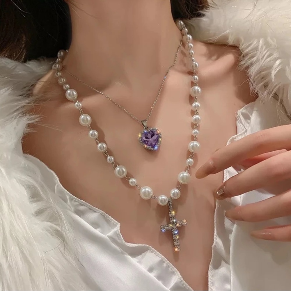 Purple Queen Pearl Rhinestone Necklace SET